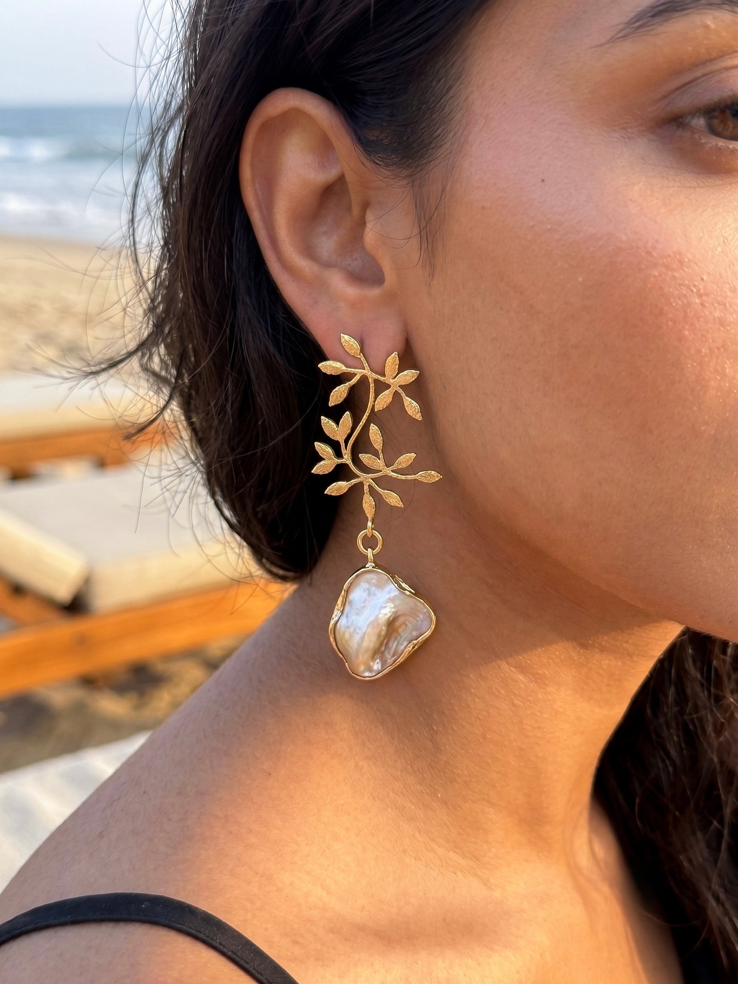 Golden Fern Mother of Pearl Handmade Brass Earrings
