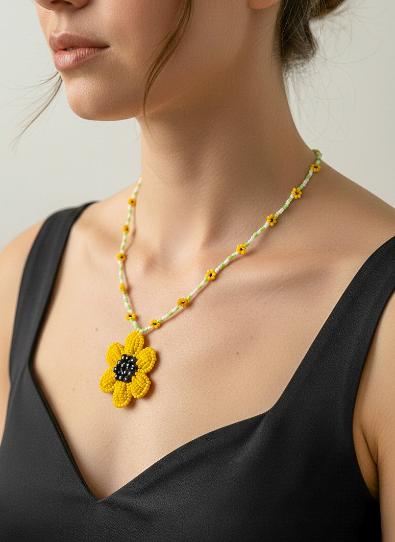 Spring Bloom Sunflower Handmade Beaded Necklace