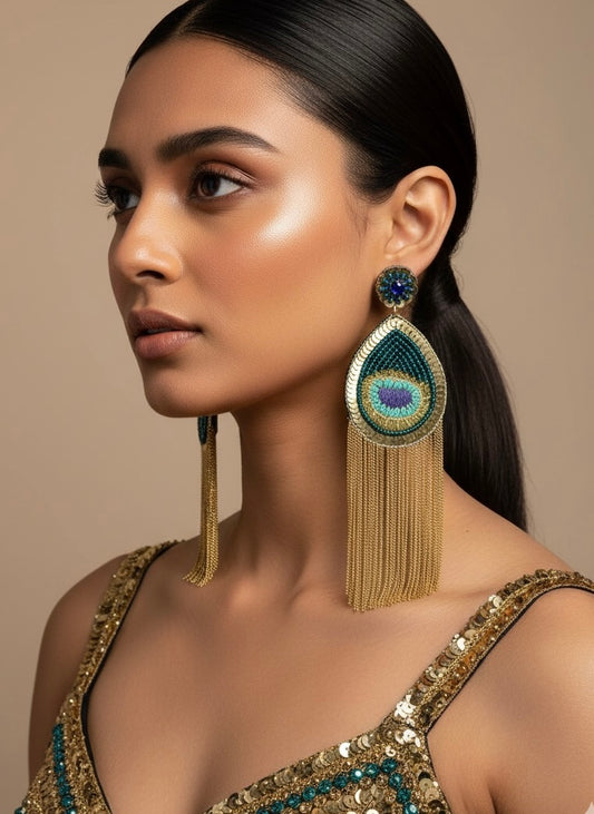 Mayuri Peacock Handmade Beaded Bird Feather Tassel Earrings