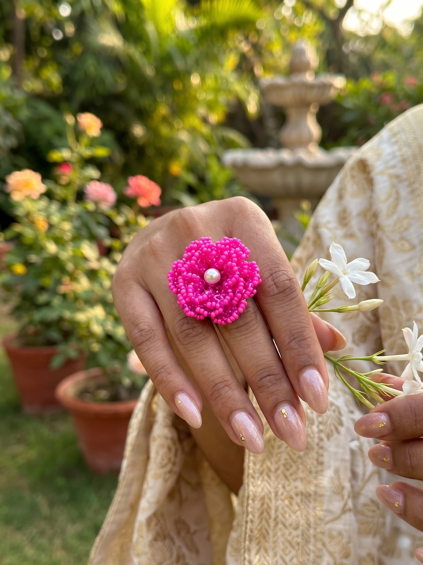 Crochet Pink 3D Rose Flower Handmade Beaded Ring