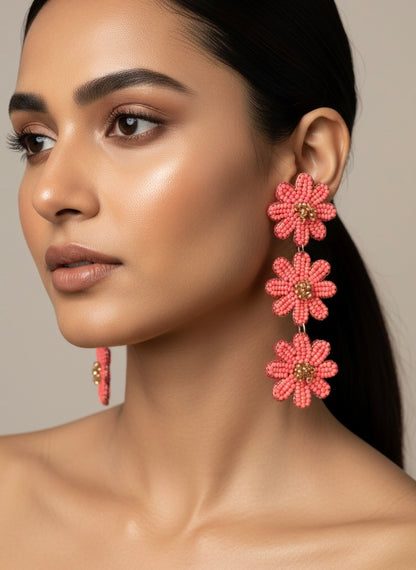 Coral Petal Drops Handmade Beaded Earrings