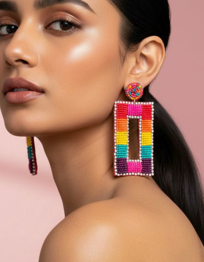 Vibrant Rainbow Drop Handmade Beaded Earrings