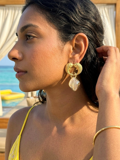 Golden Pisces Mother Of Pearl Handmade Brass Earrings