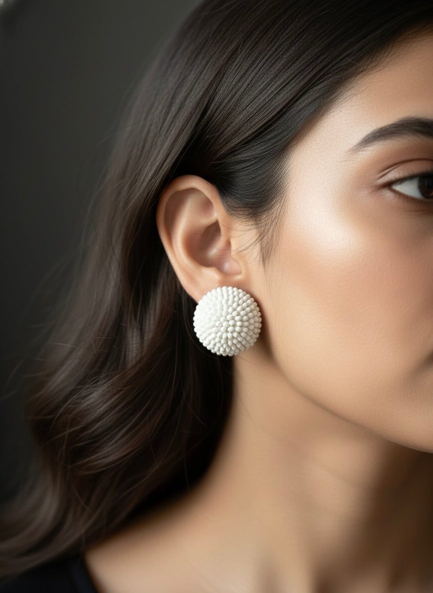 White Round Handmade Beaded Stud Earrings