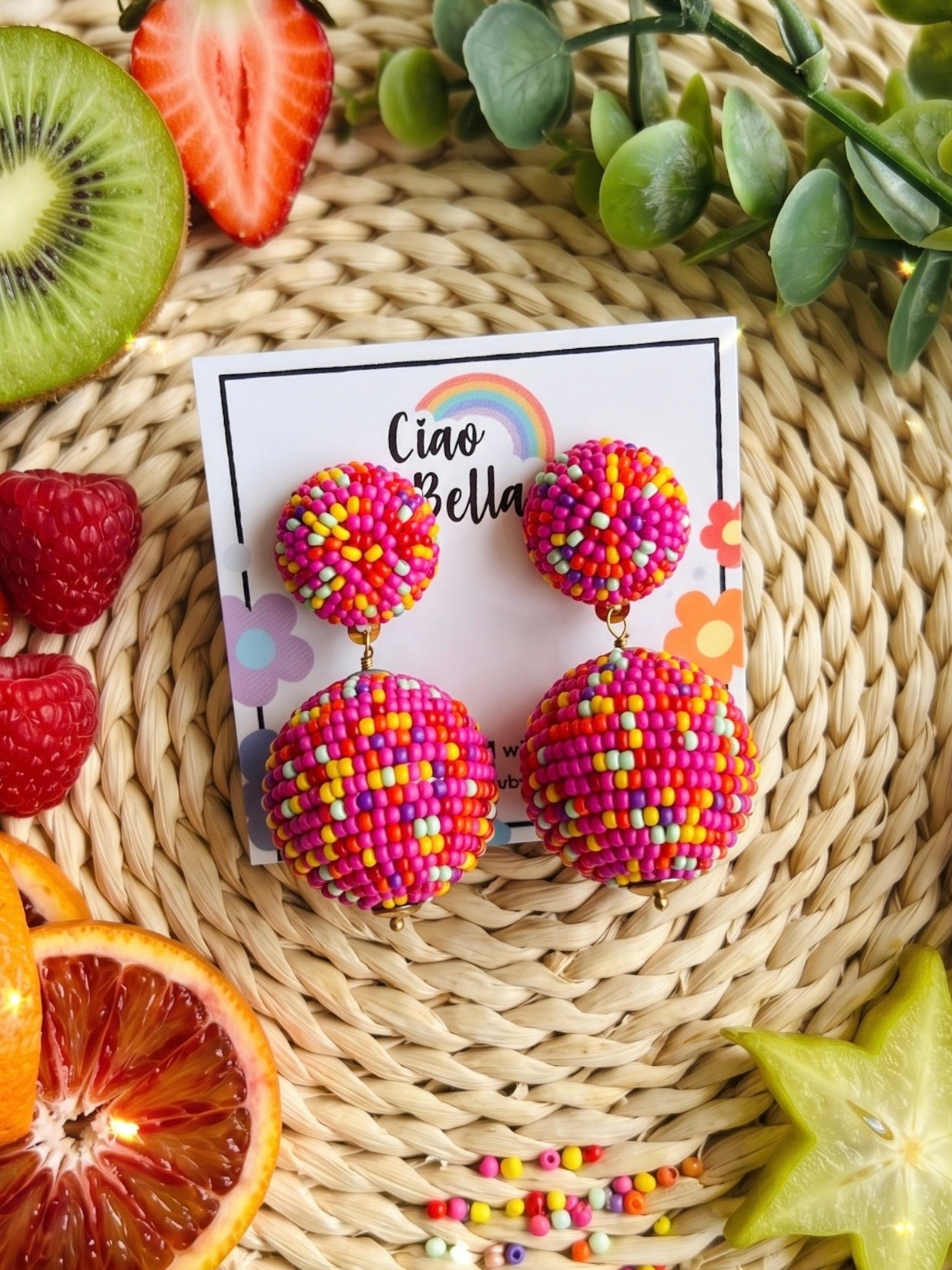 Tutti Frutti Pink Rainbow Drop Handmade Beaded Earrings