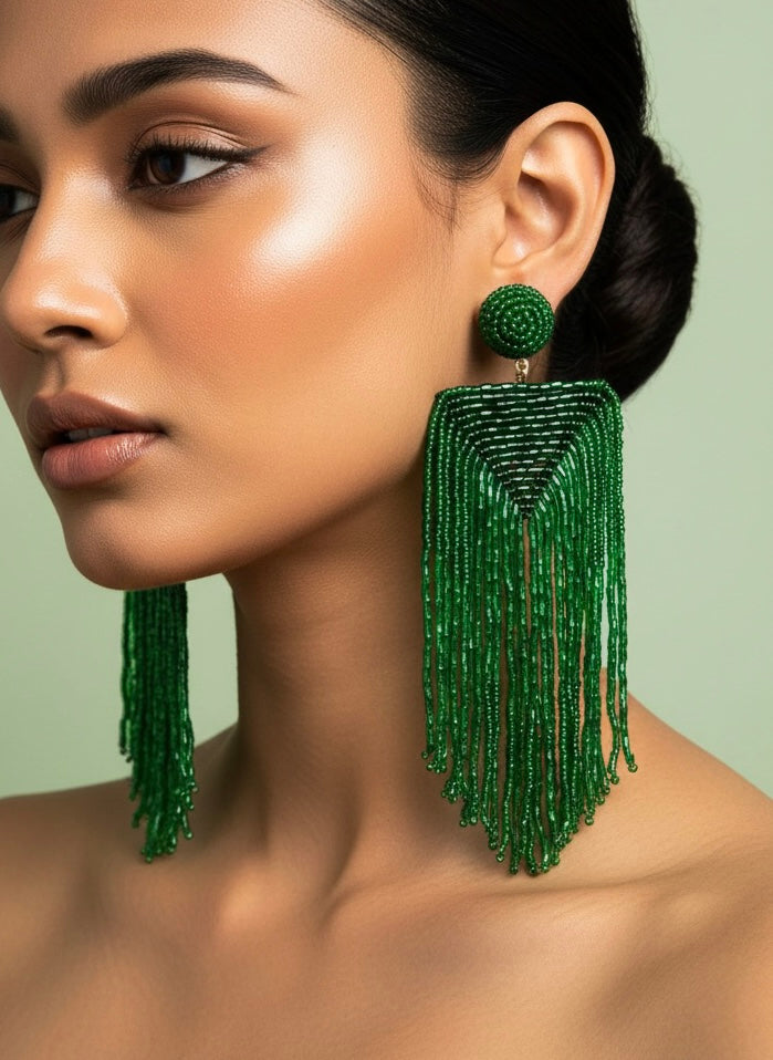 Luxe Emerald Handmade Beaded Tassel Earrings