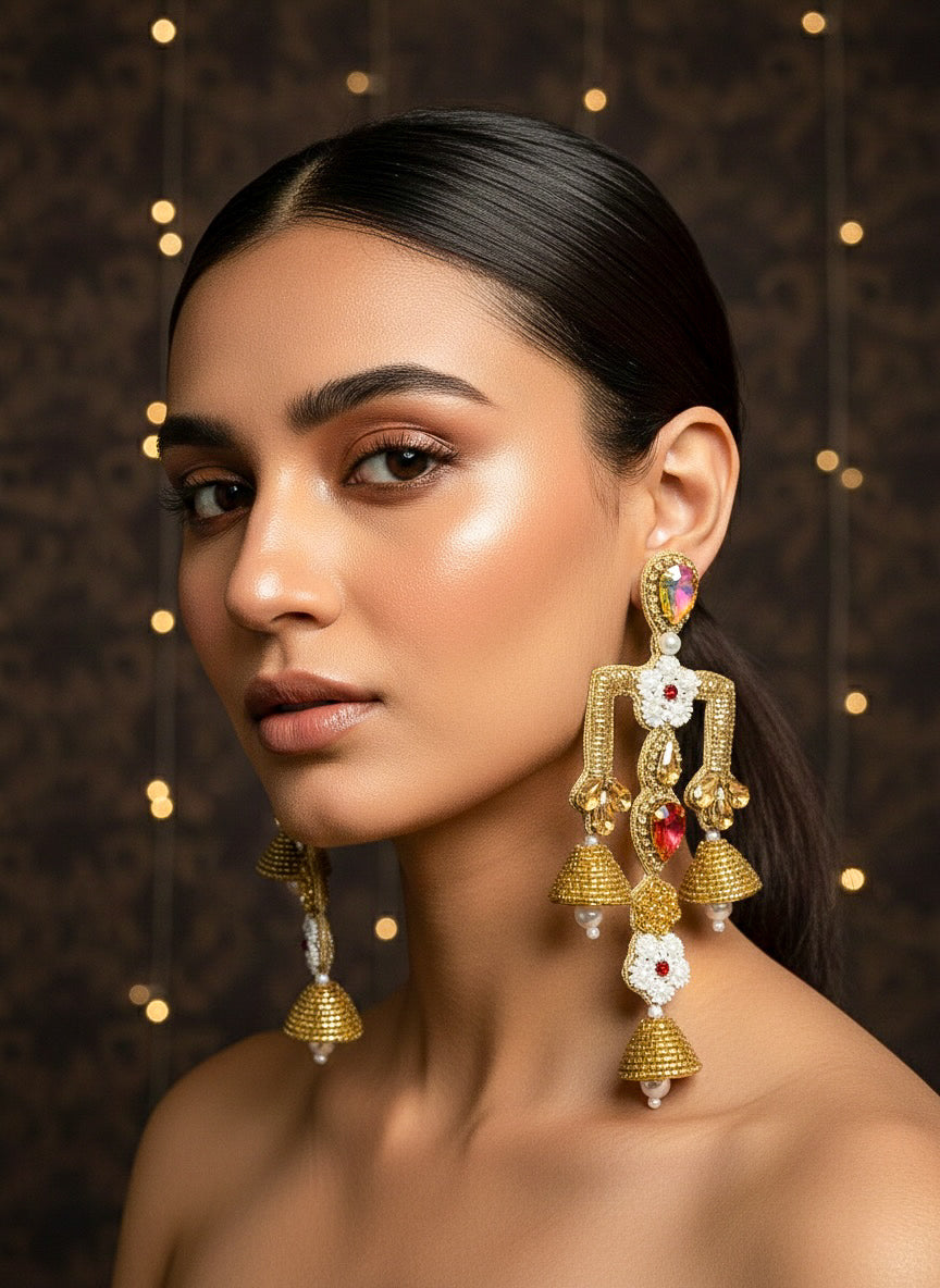 Rajwada Green Red Danglers Handmade Beaded Statement Earrings