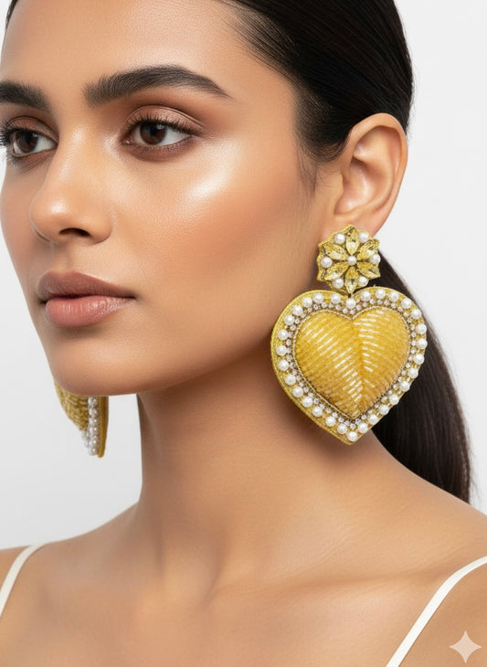 Ishqiya Yellow Heart Drop Handmade Beaded Earrings