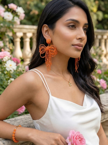 Pookie Bow (Orange) Handmade Beaded Earrings