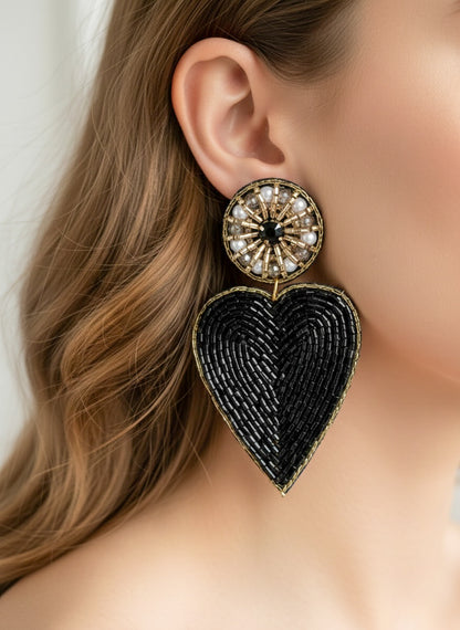 Glam Black Heart Drop Handmade Beaded Earrings