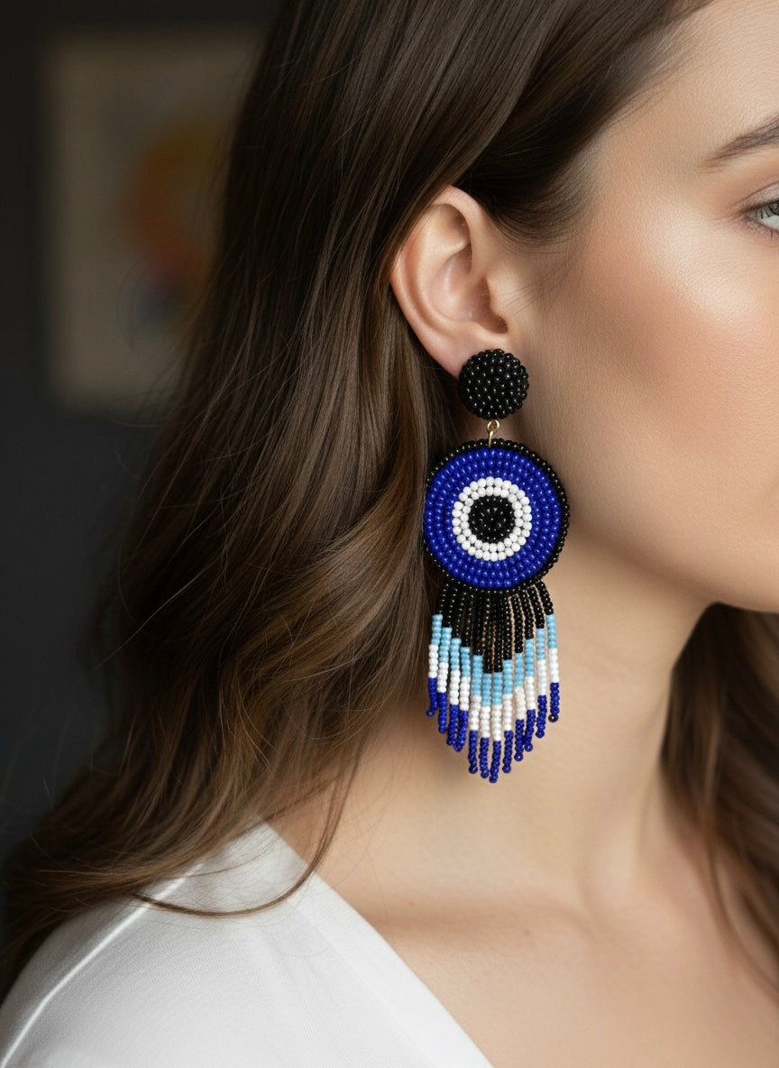 Boho Blue Evil Eye Handmade Beaded Earrings