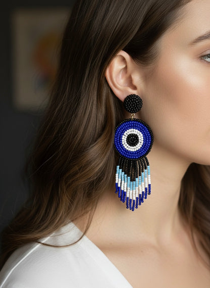 Boho Blue Evil Eye Handmade Beaded Earrings