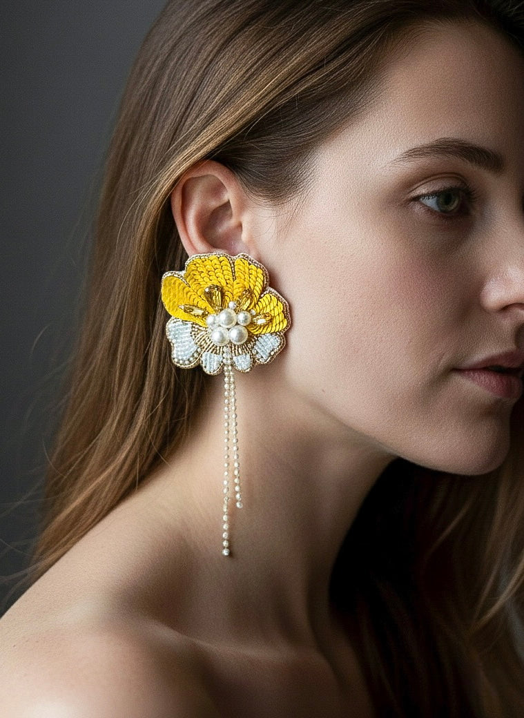Floral Fiesta Yellow Handmade Beaded Flower Earrings
