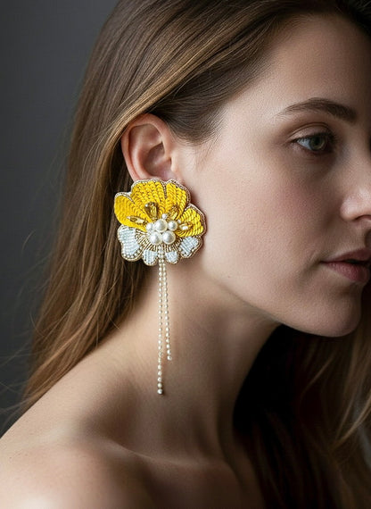 Floral Fiesta Yellow Handmade Beaded Flower Earrings