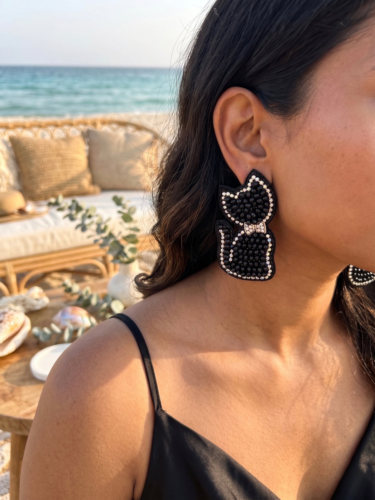 Luna Black Cat Handmade Beaded Earrings