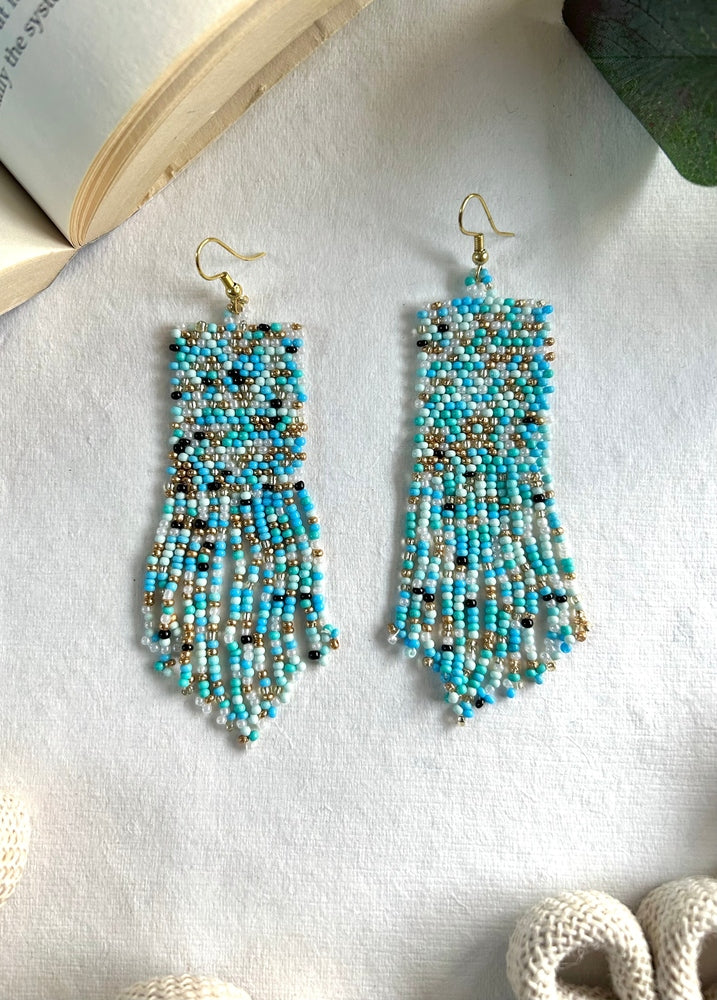 Aqua Whisper Handmade Beaded Tassel Earrings