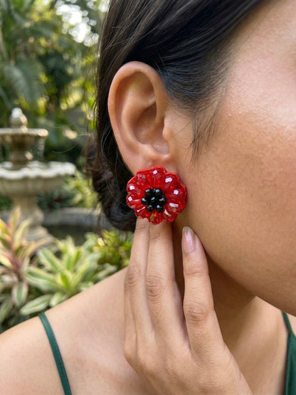 Sparkling Red Flower Handmade Beaded Stud Earrings