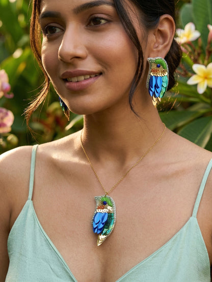 Chirpy Forest Green Blue Parrot Handmade Beaded Necklace + Earrings Set