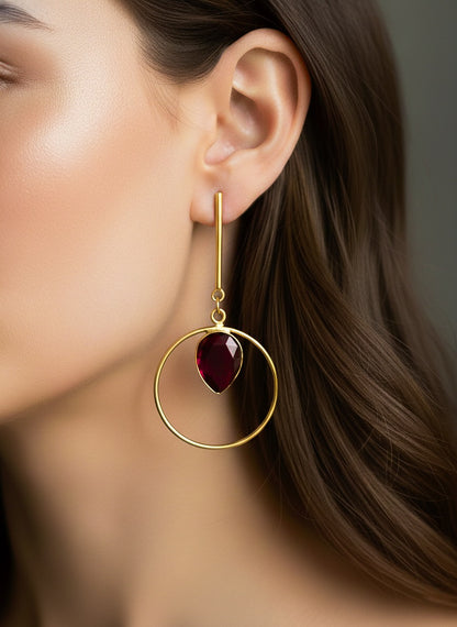 Deep Red Monalisa Teardrop Handmade Brass Earrings
