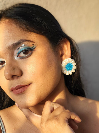 Cool Blue Daisy Stud Handmade Beaded Flower Earrings