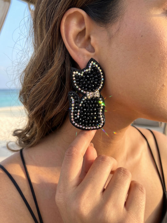 Luna Black Cat Handmade Beaded Earrings