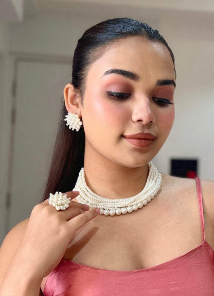 Ruhani Pearl Handmade Necklace + Earrings + Ring Set