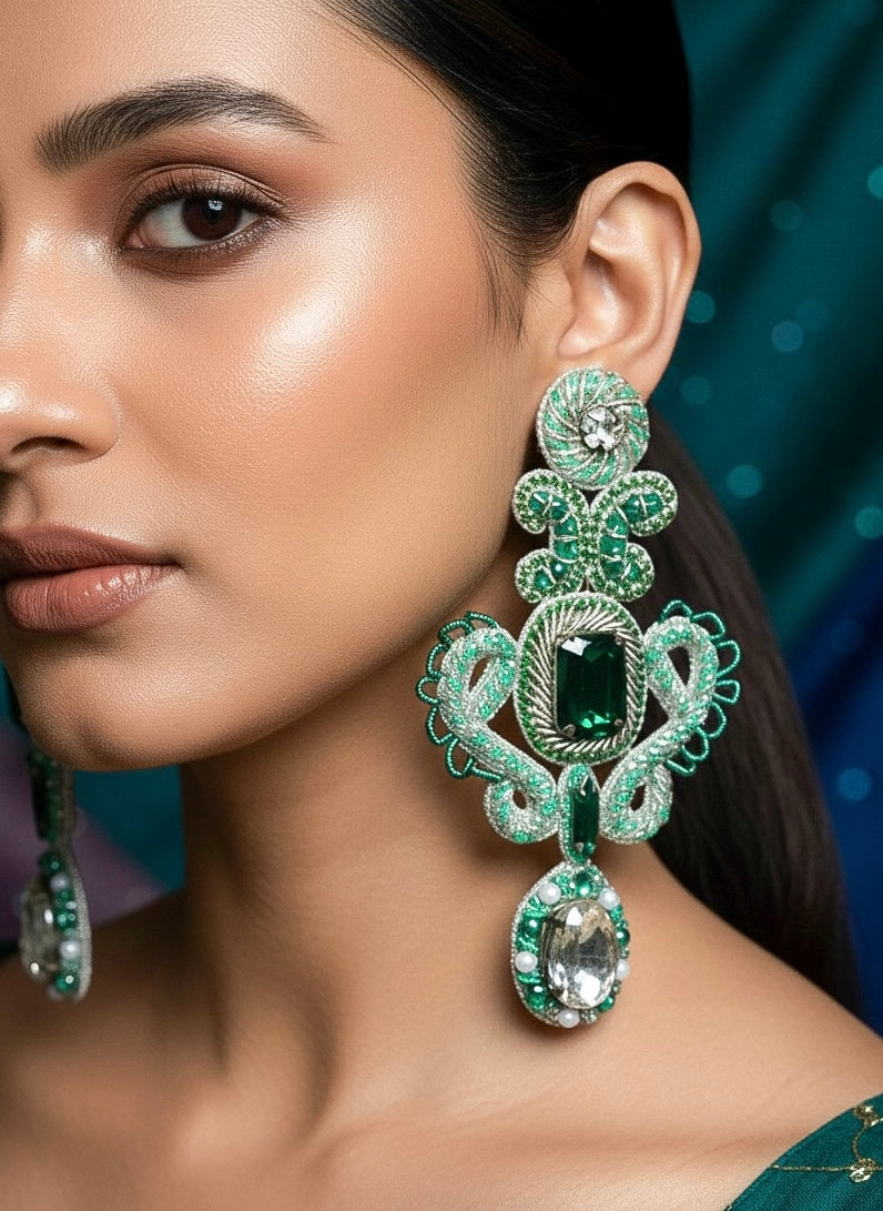 Aashna Silver Green Handmade Beaded Statement Earrings