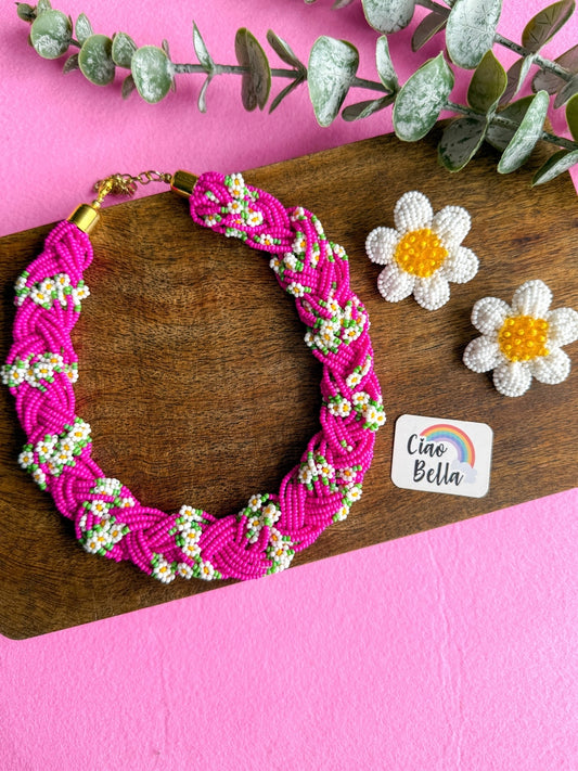 Luxe Flora Rose Pink Handmade Beaded Necklace + Earrings Set