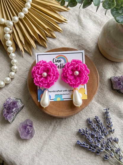 Crochet Pink 3D Rose Pearl Drops Flower Handmade Beaded Earrings