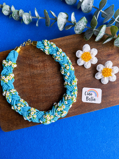 Luxe Flora Aqua Blue Handmade Beaded Necklace + Earrings Set