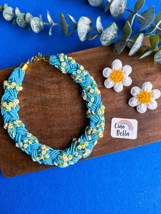 Luxe Flora Aqua Blue Handmade Beaded Necklace + Earrings Set