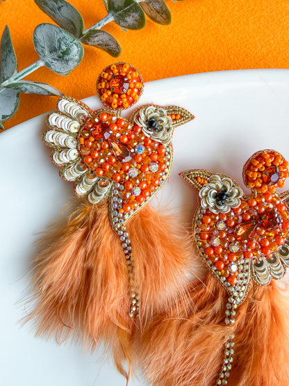 Glamorous Orange Birdies Handmade Beaded Bird Earrings