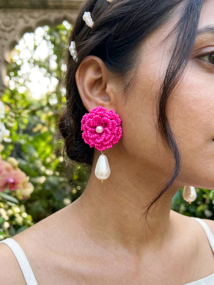 Crochet Pink 3D Rose Pearl Drops Flower Handmade Beaded Earrings