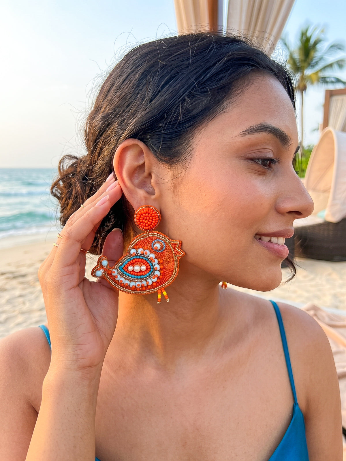Chirpy Birdie Orange Handmade Beaded Earrings