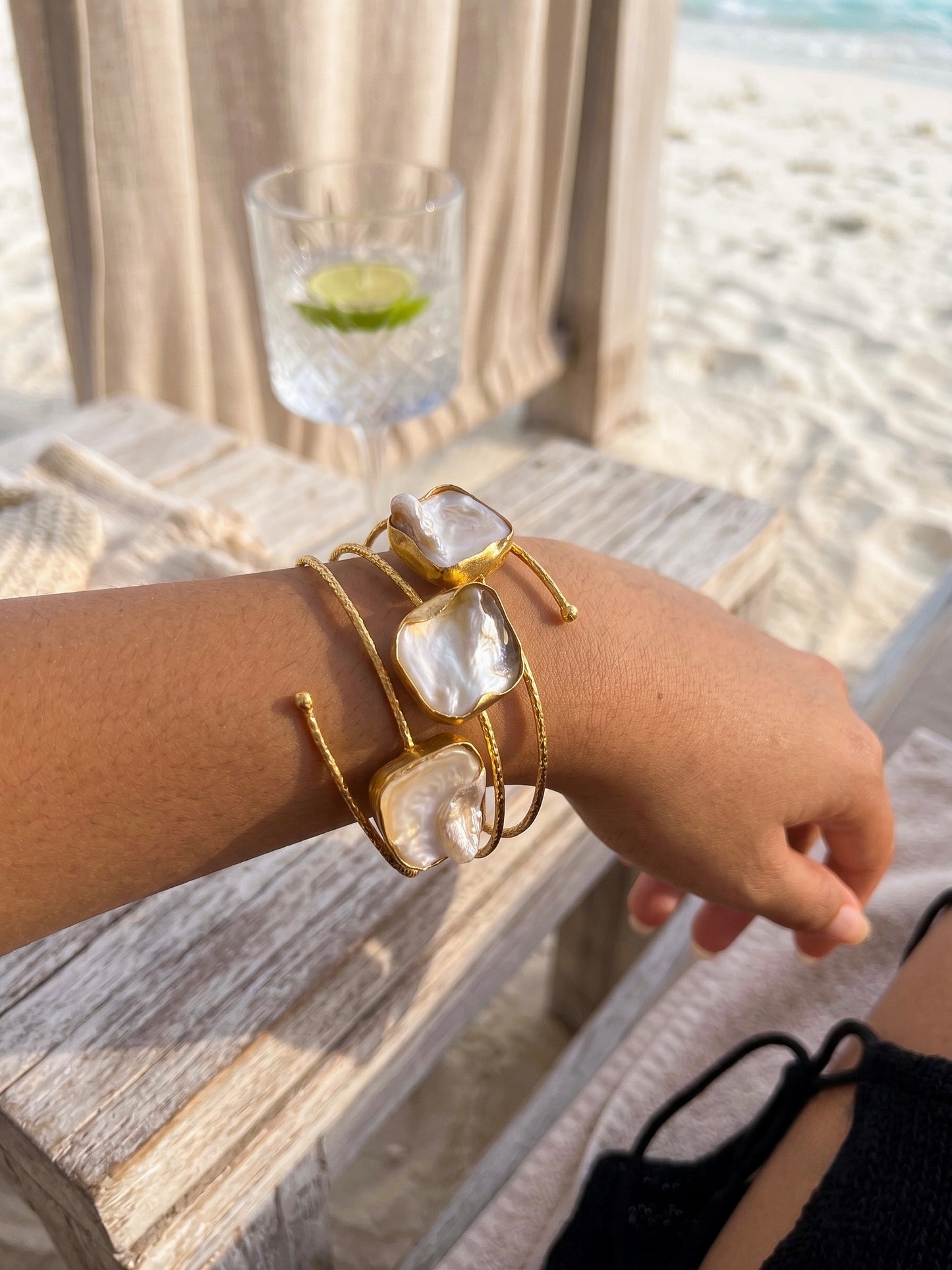 Golden Tide Mother of Pearl Handmade Brass Cuff Bracelet