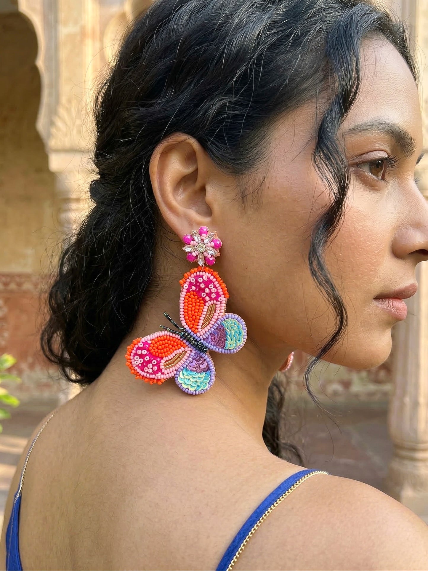 Paradise Sunset Orange Pink Handmade Beaded Butterfly Earrings