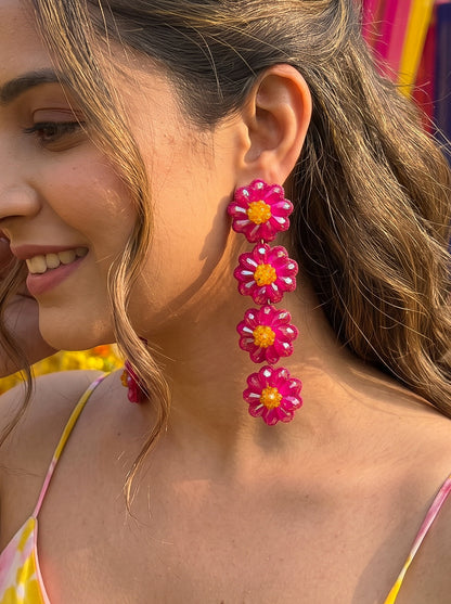 Sparkling Hot Pink Daisy Flower Handmade Beaded Drop Earrings