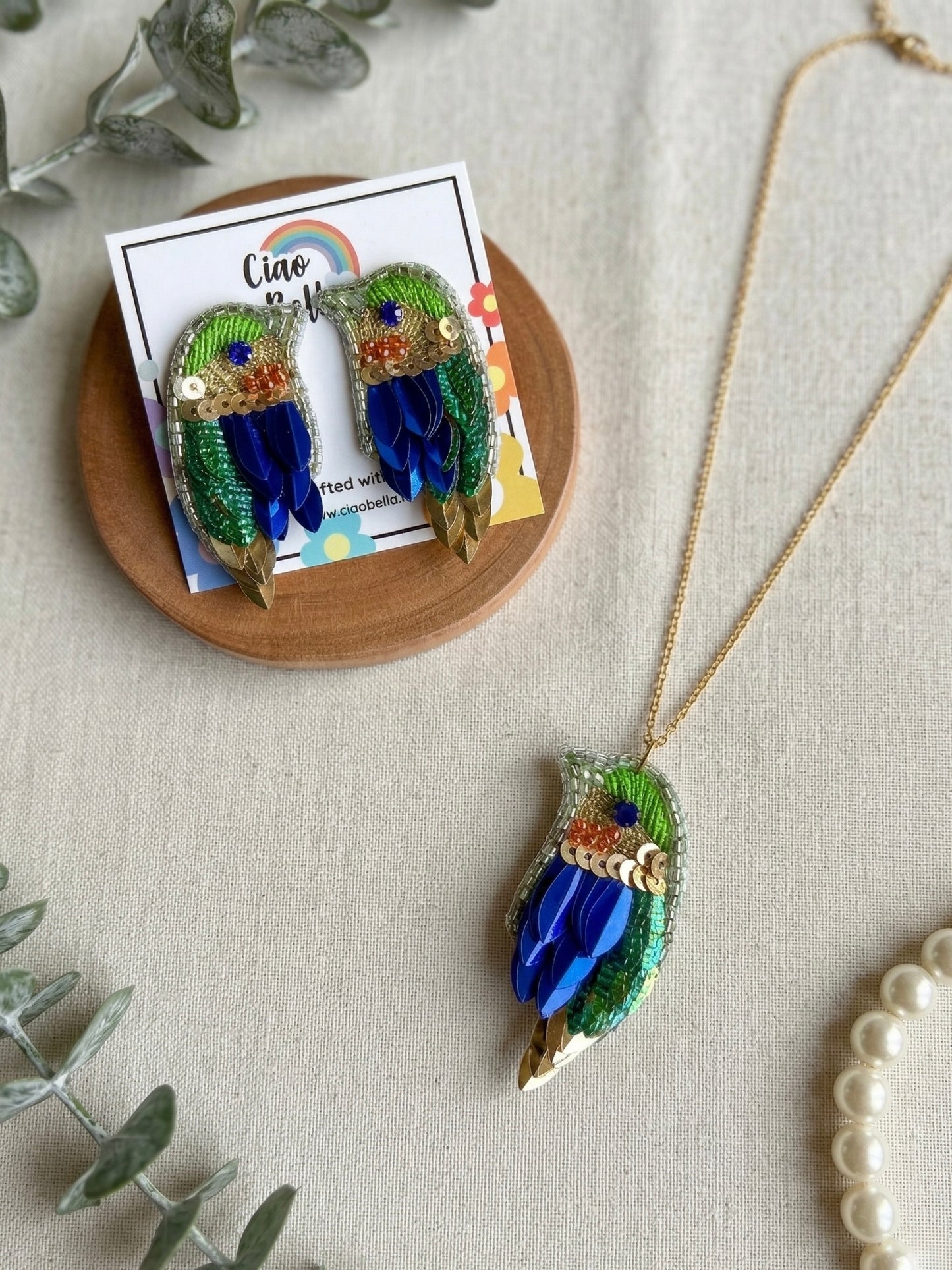 Chirpy Forest Green Blue Parrot Handmade Beaded Necklace + Earrings Set