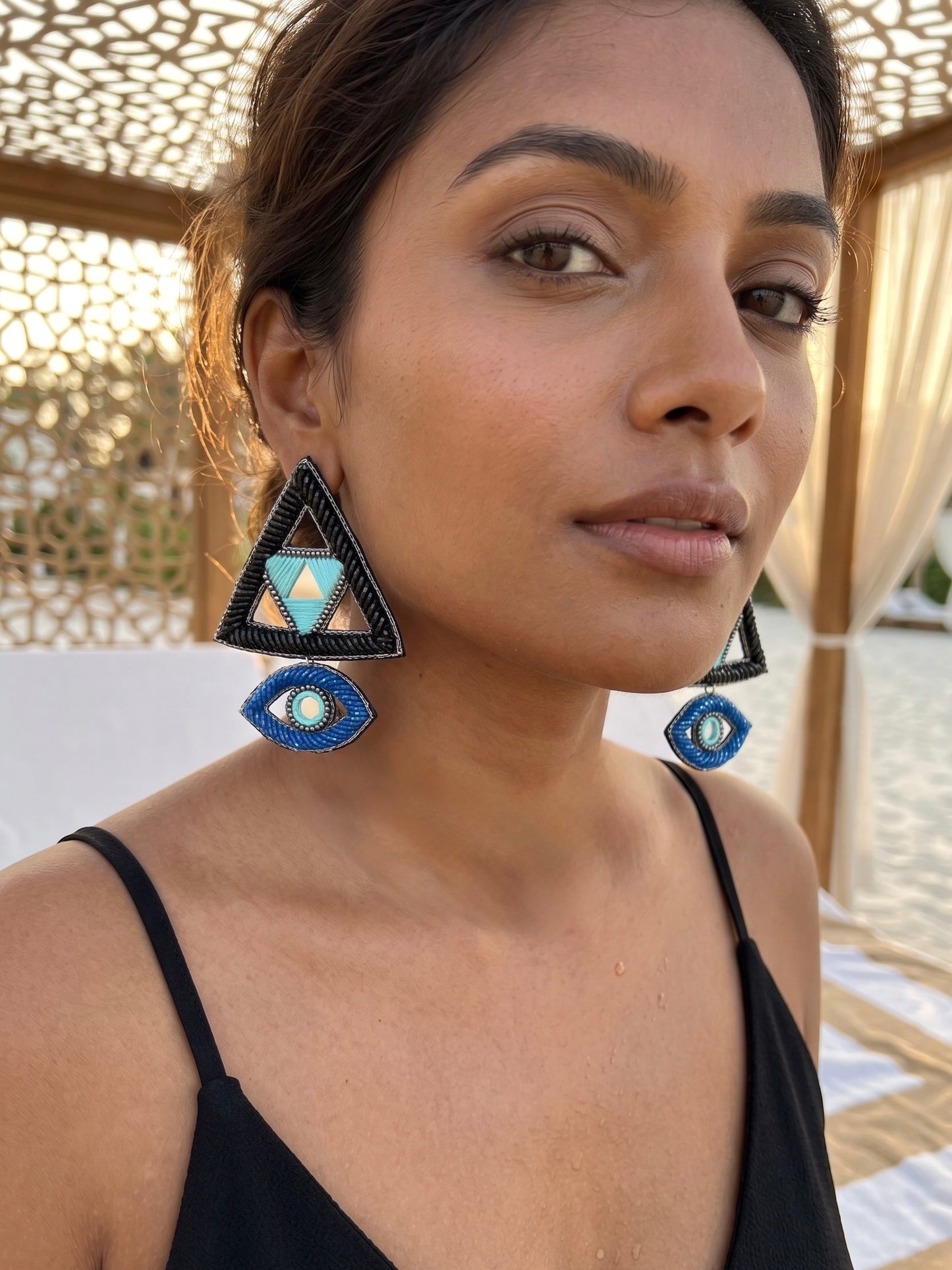 Electric Black & Blue Evil Eye Handmade Beaded Earrings