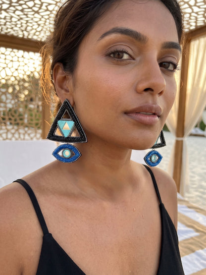 Electric Black & Blue Evil Eye Handmade Beaded Earrings