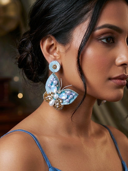 Luxe Crystal Aqua Blue Handmade Beaded Butterfly Earrings