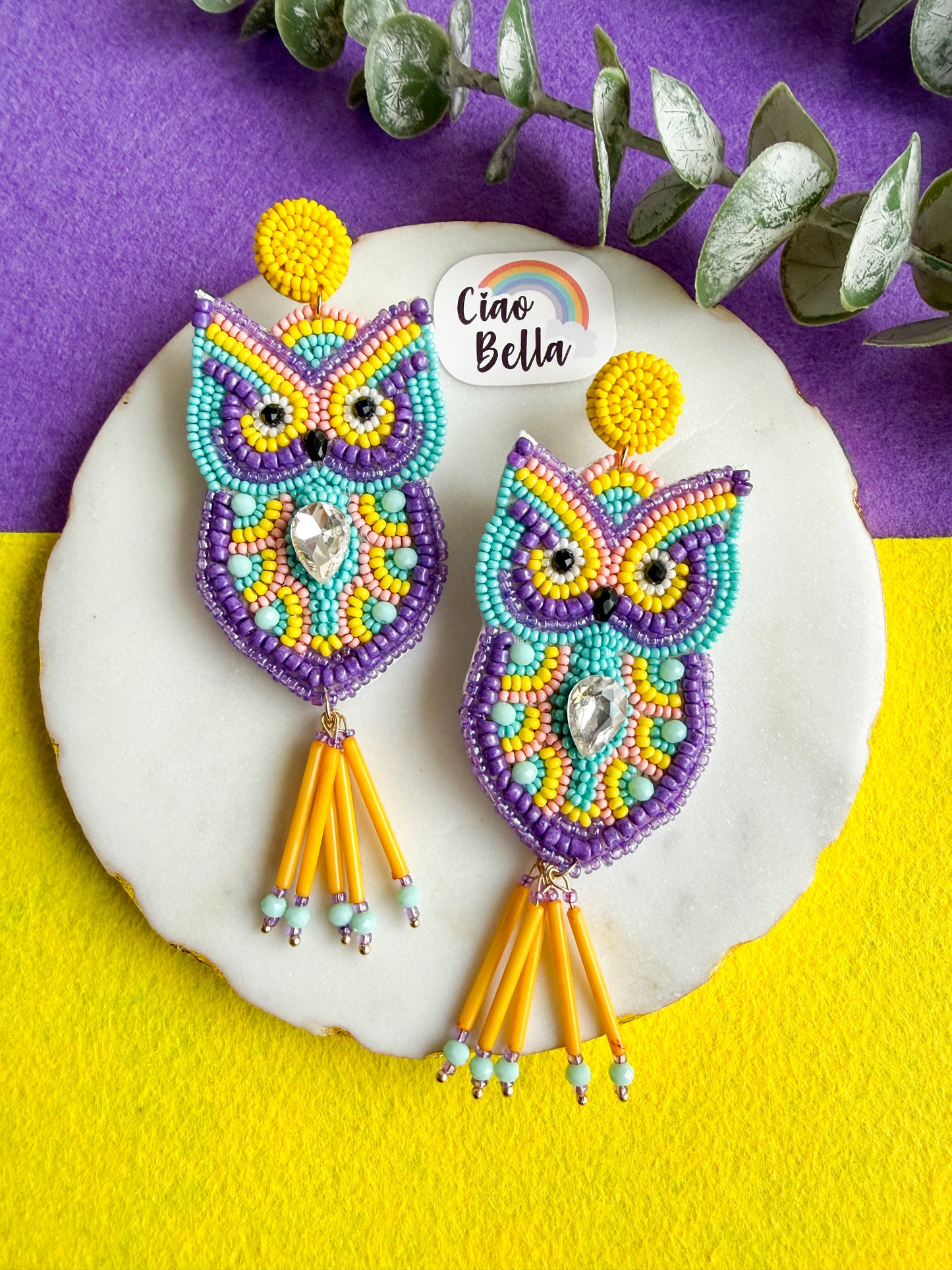 Chirpy Owl Yellow Handmade Beaded Bird Earrings