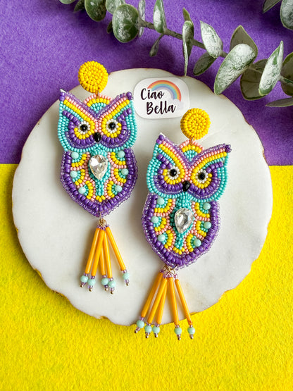 Chirpy Owl Yellow Handmade Beaded Bird Earrings