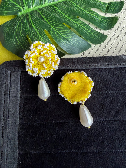 Crochet Yellow White 3D Rose Pearl Drops Flower Handmade Beaded Earrings