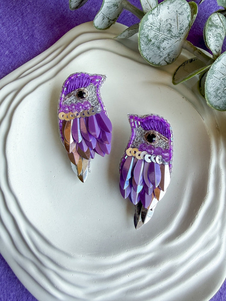 Chirpy Lilac Purple Parrot Handmade Beaded Bird Earrings