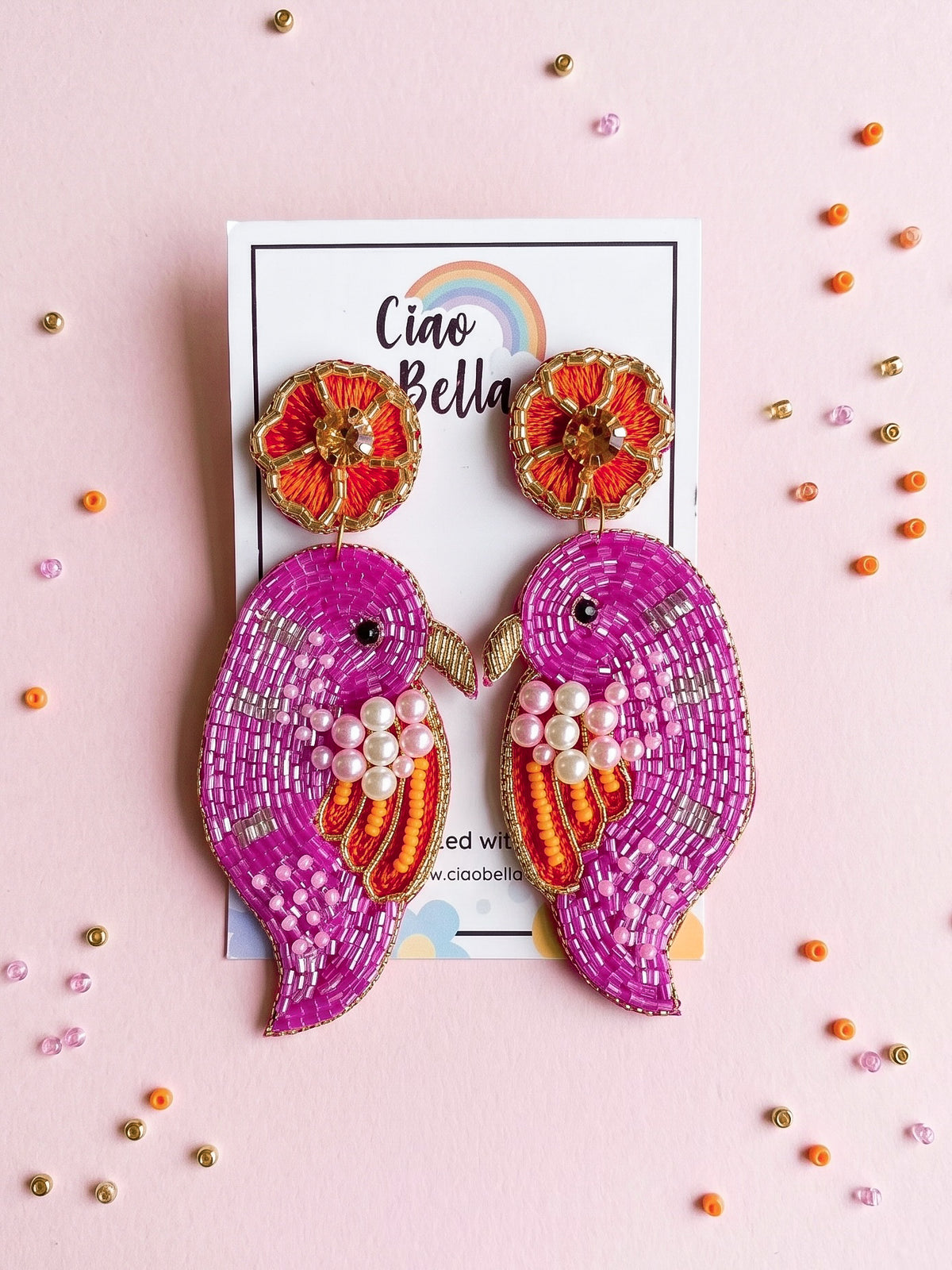 Blooming Birdie Pink Orange Handmade Beaded Earrings