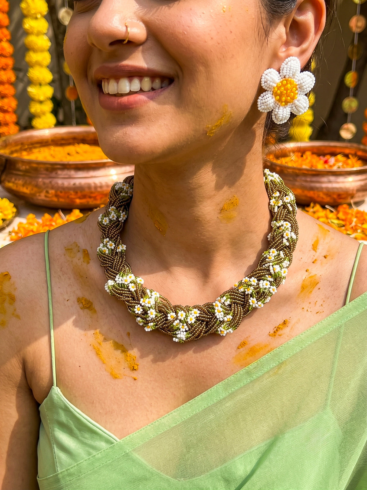 Luxe Flora Antique Brown Gold Handmade Beaded Necklace + Earrings Set
