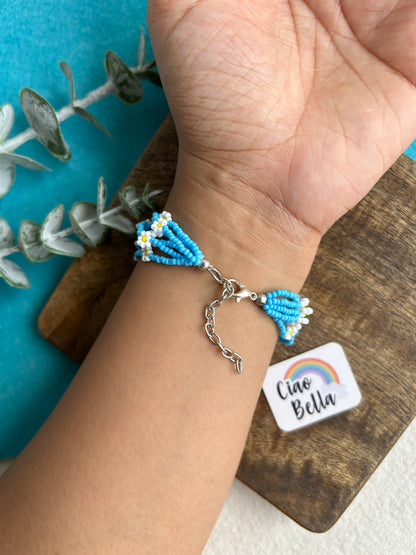 Spring Bloom Blue White Daisy Handmade Beaded Bracelet