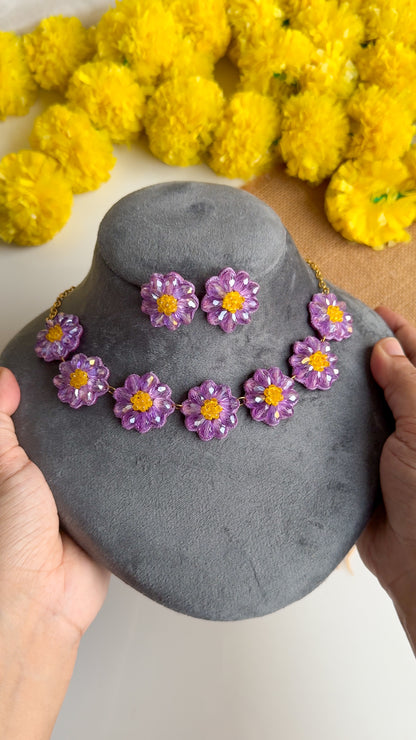 Sparkling Lilac Purple Daisy Handmade Beaded Necklace + Earrings Set