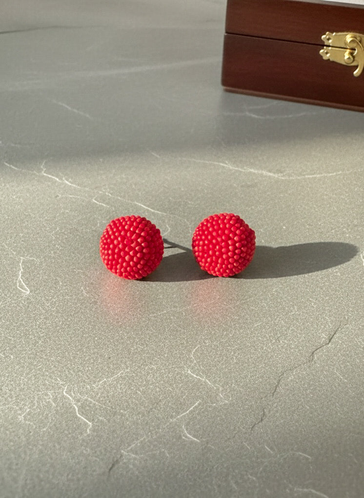 Cherry Red Round Handmade Beaded Stud Earrings
